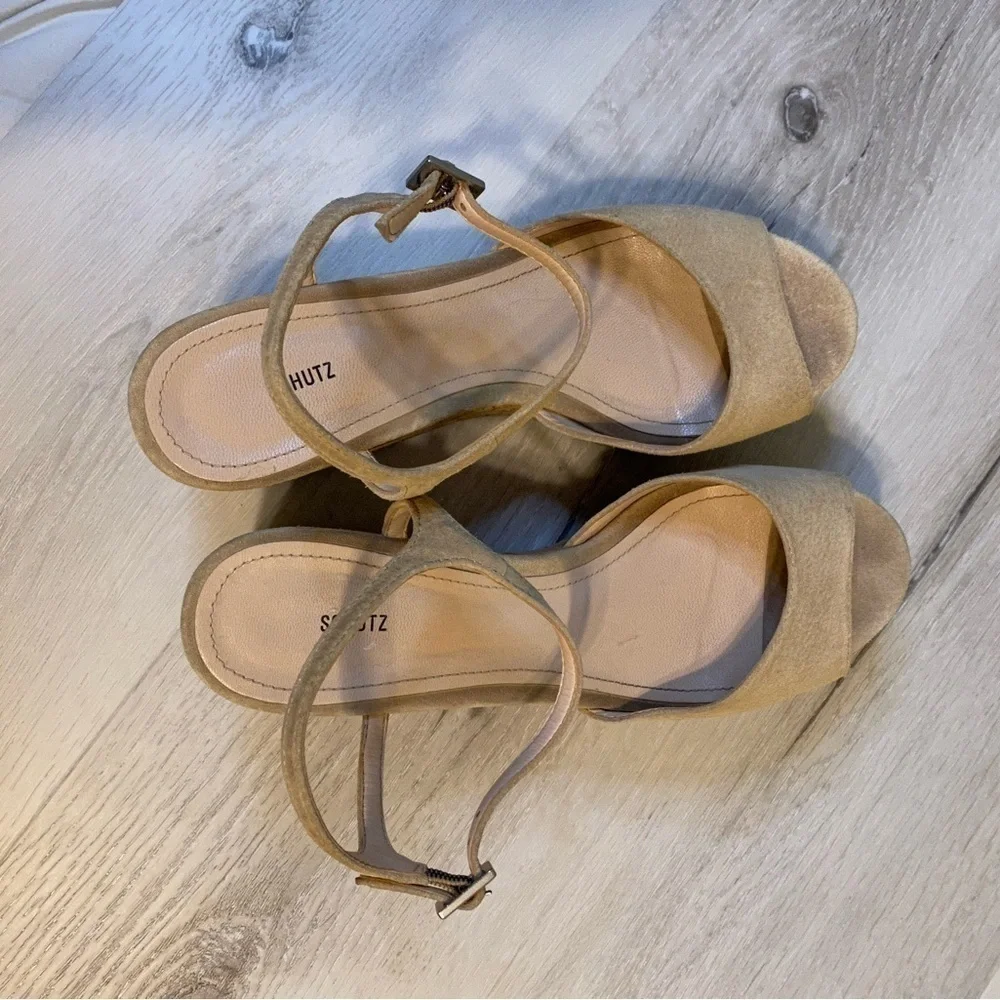 SCHUTZ Tan Cork and Suede Ankle Strap Platform Sandal, Size 8.5B